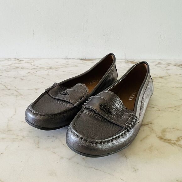 COACH Odette Solid Metallic Black Gray Leather Driver Loafer Black Logo - US 7 - Picture 1 of 8